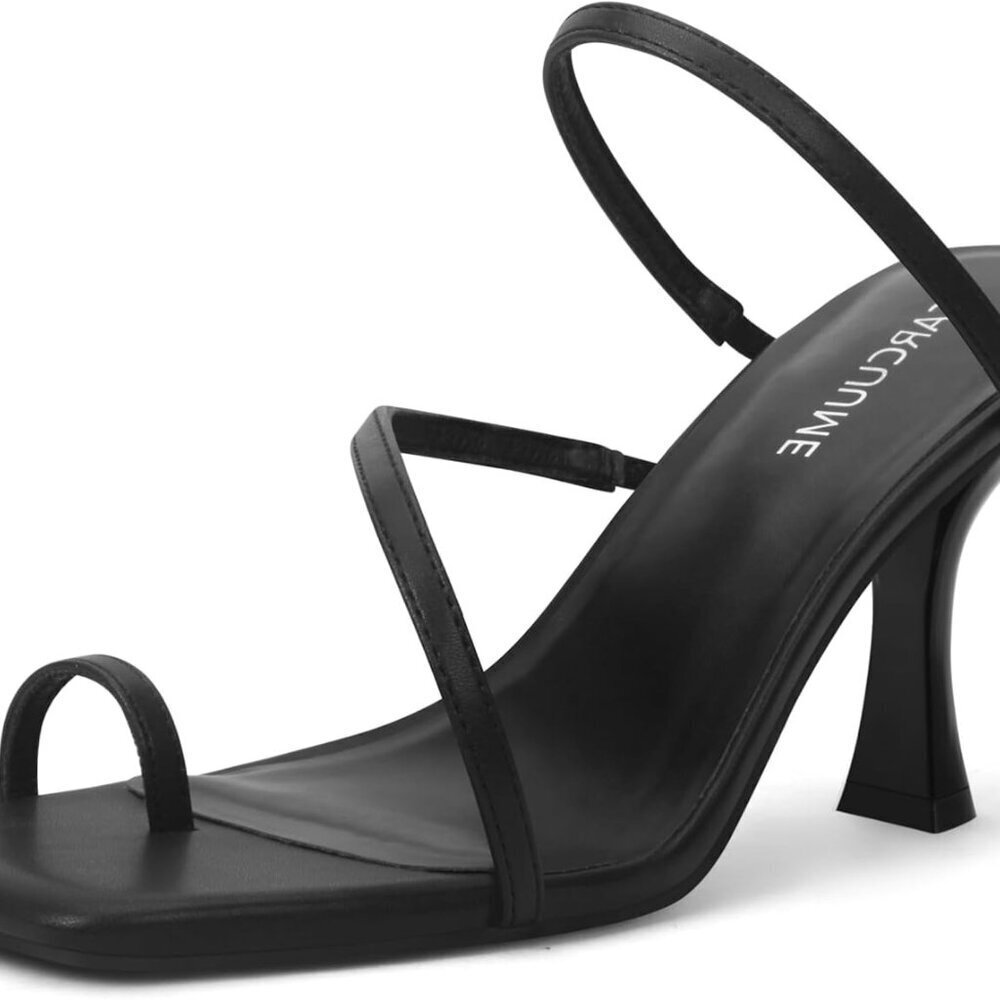 Women's Square Toe Heeled Sandals Black PU Size 8.5 Kitten Strappy Shoes